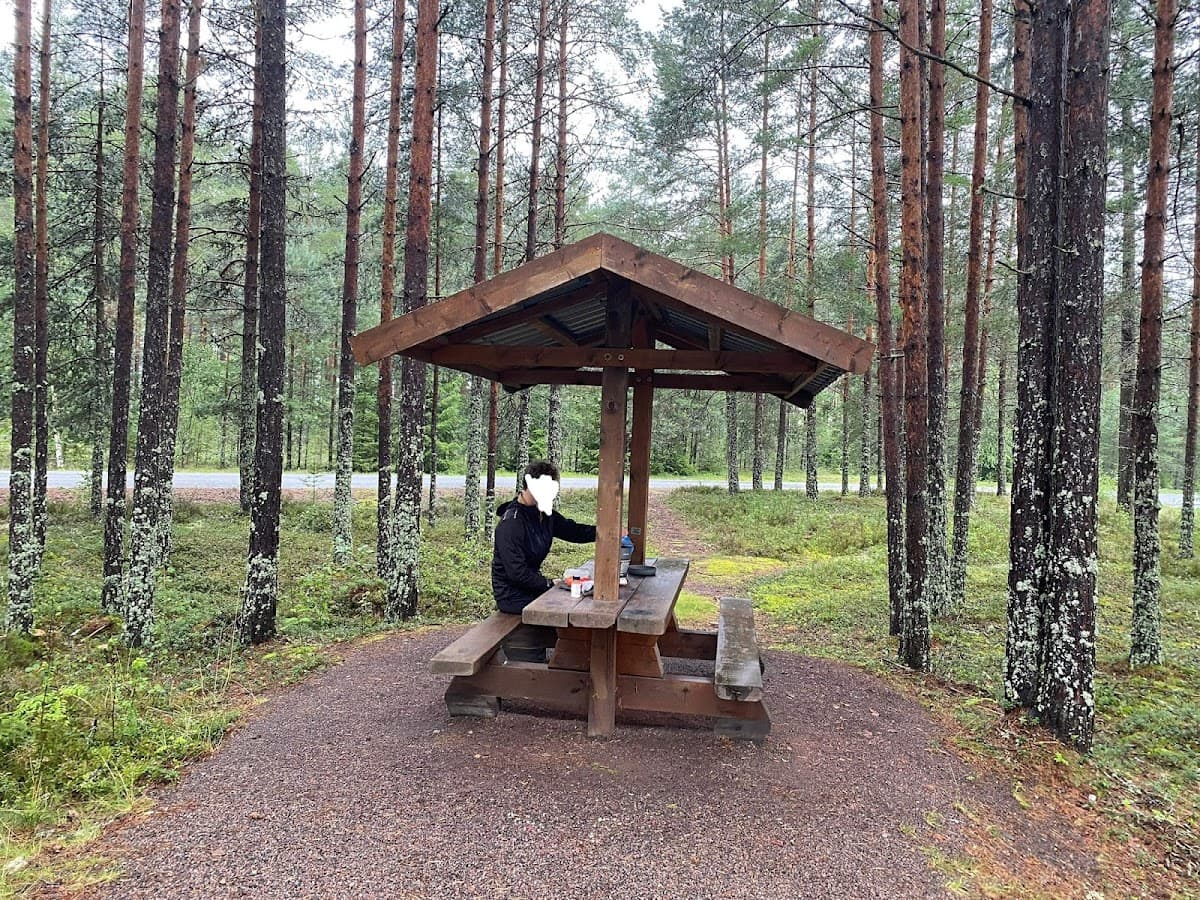 Morokulien rastplats vid gränsen mellan Sverige och Norge, omgiven av grönskande skog.