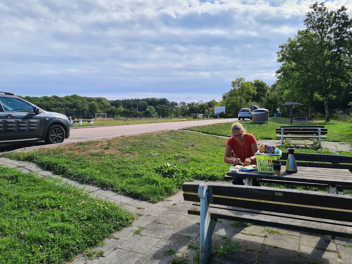 Vy över Rastplats Börringe vid väg E65 i Skåne med öppna fält och grönytor.