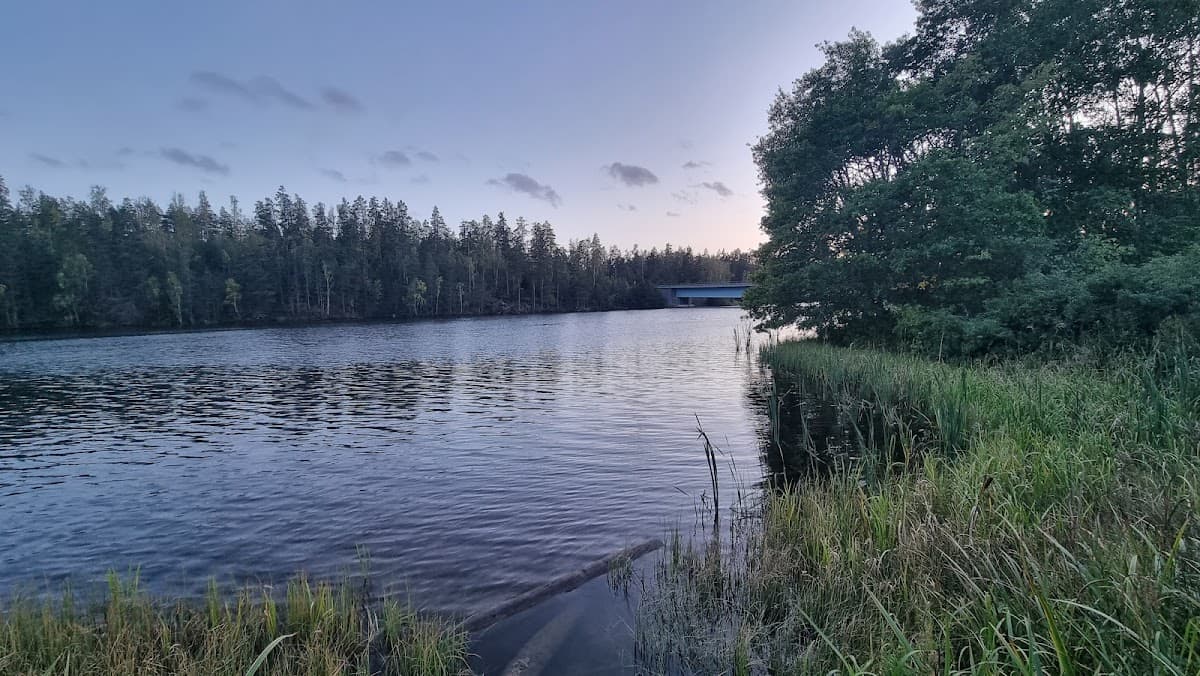 Rastplats Botorpström vid E22, omgiven av lummig grönska och Botorpsån i Småland.