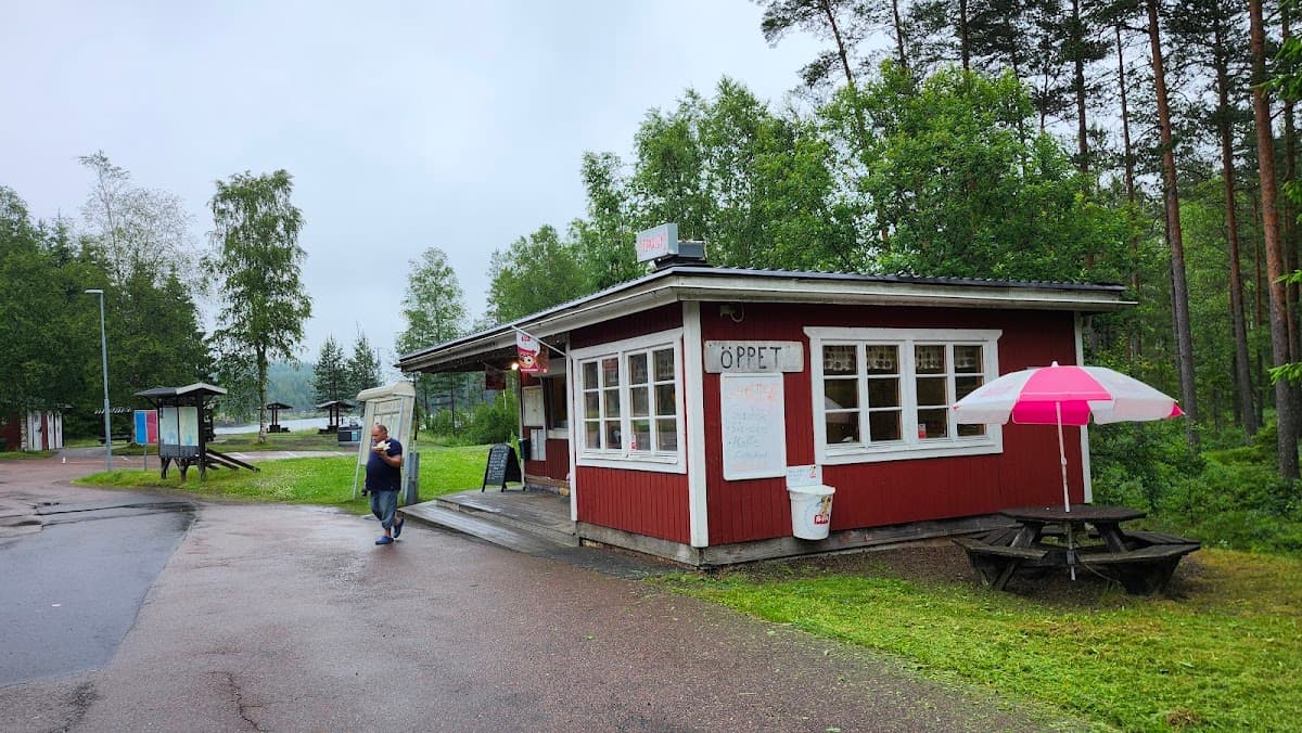 Vacker vy över rastplats Dammtjärn vid sjön, omgiven av Dalarnas djupa skogar.