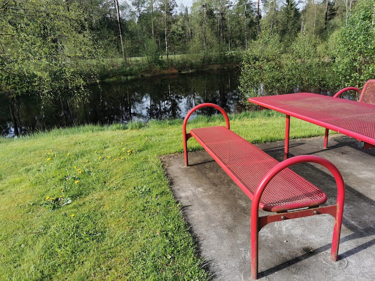 Rastplats Esmared vid väg 41 omgiven av västsvensk natur med skog och öppna fält.