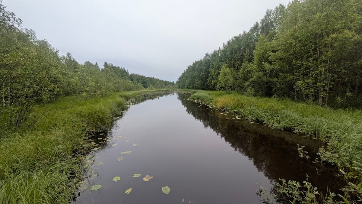 Rastplats Keräsjoki vid E45 i Norrbotten med lekplats och tallskog intill Keräsjoki älv.
