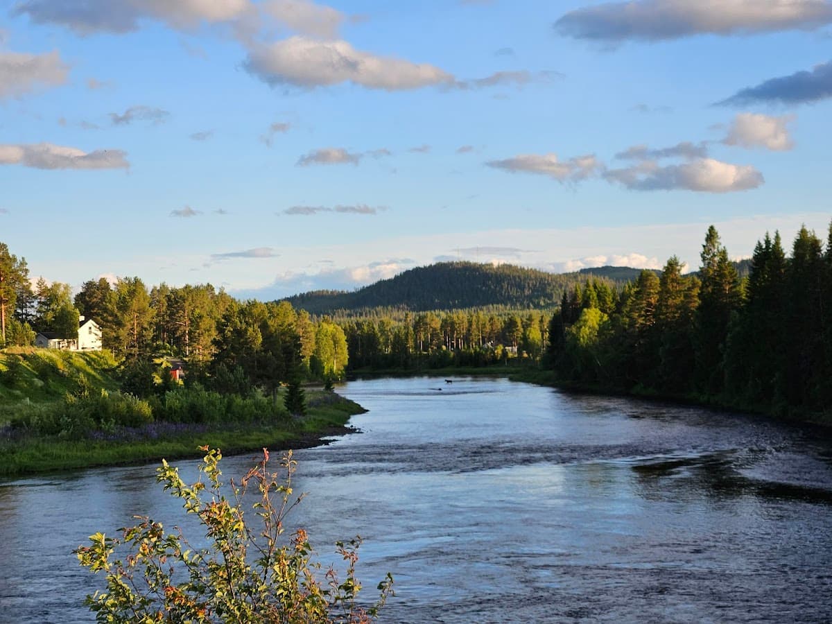 Rastplats Limedsforsen vid E45 i Dalarna, omgiven av skog nära Västerdalälven.