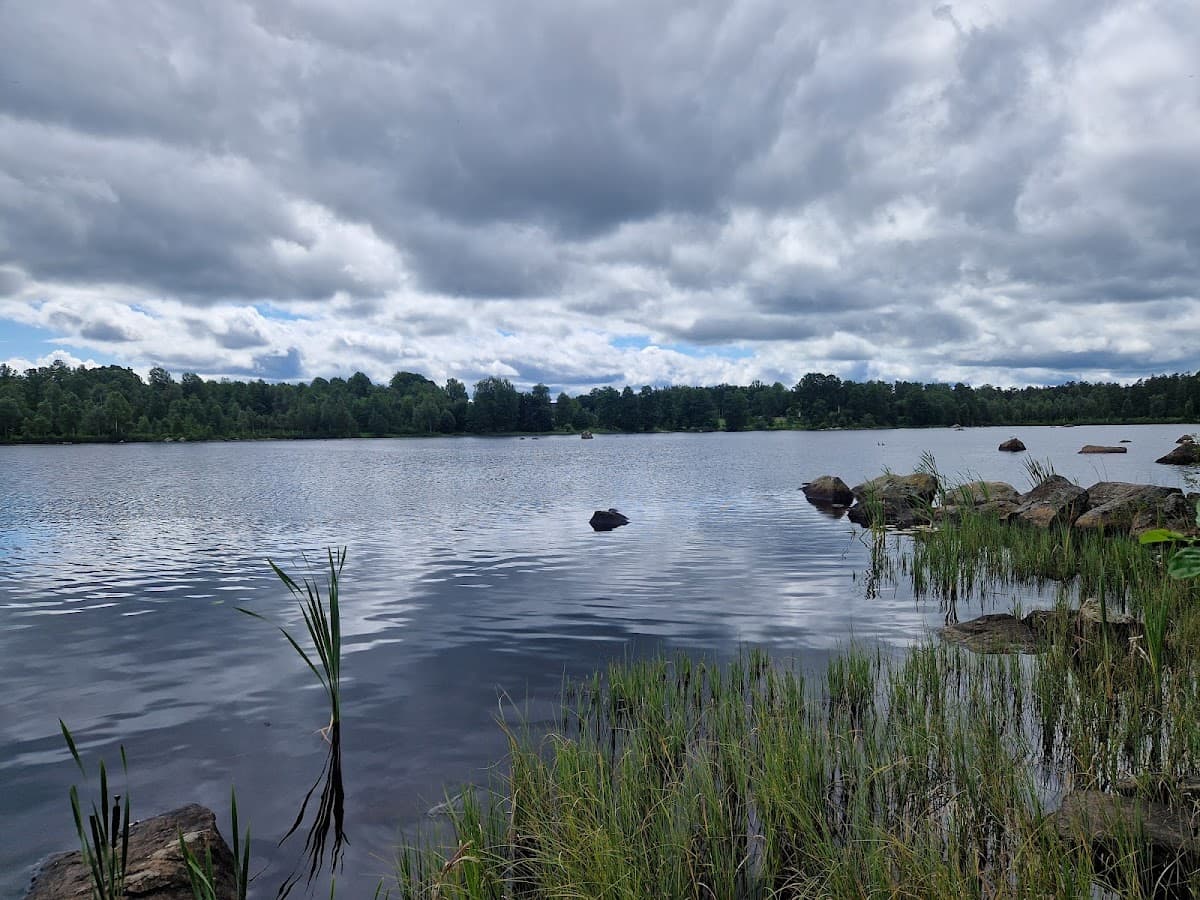 Vy över rastplats Moasjön vid E4 i Småland med sjöutsikt och omgivande skog.