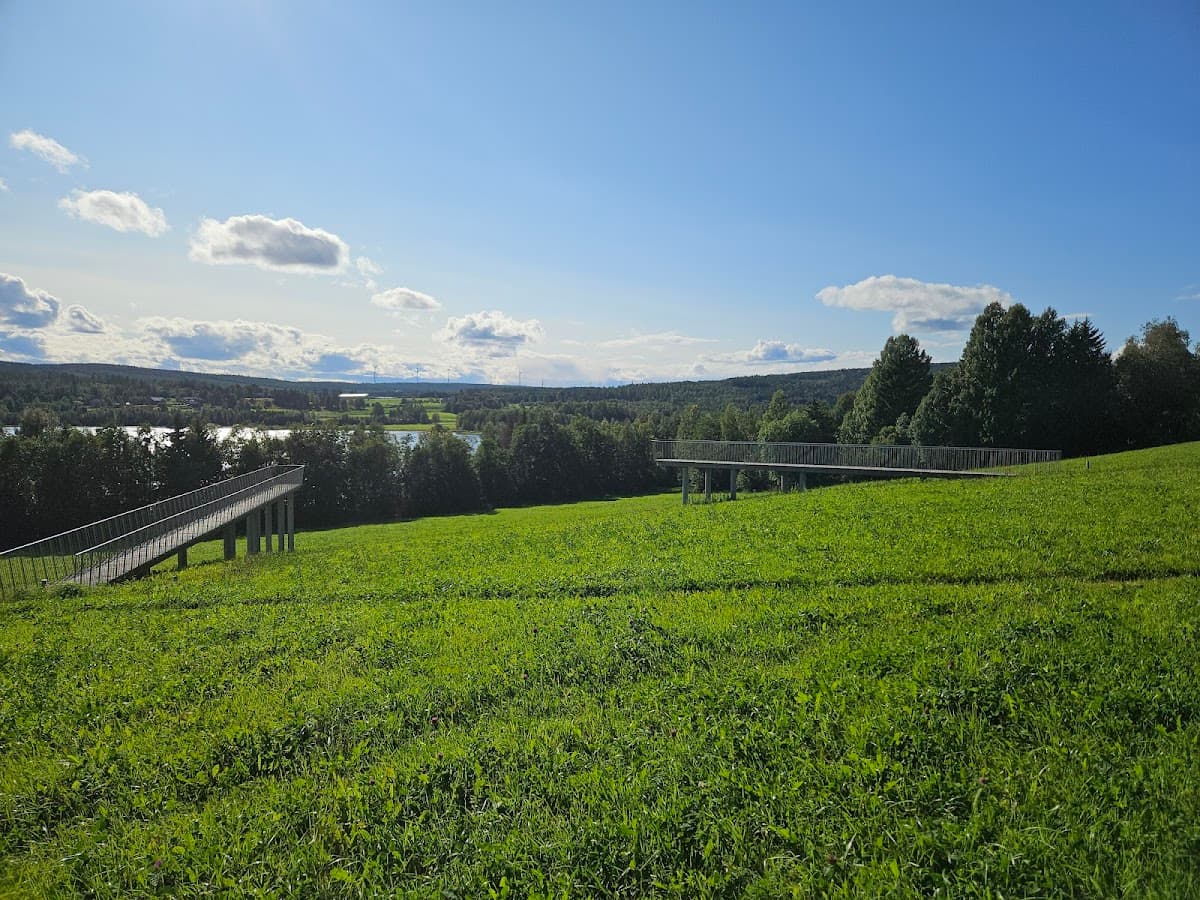 Vy över Rastplats Näs vid E4 med grönområden, parkeringsplatser och toalettbyggnad.