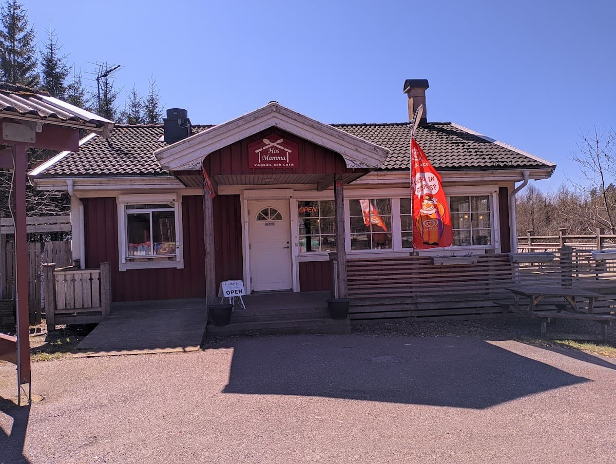 Vy över rastplatsen Ölmevallasjön med sjöutsikt, bänkar och handikappanpassad toalett.