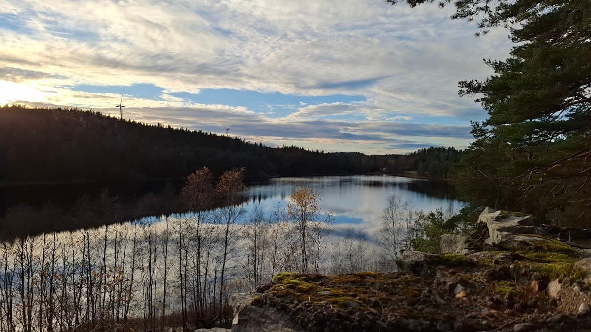 Rastplats Parsetjärn vid en spegelblank tjärn omgiven av tät norrländsk skog längs E45.