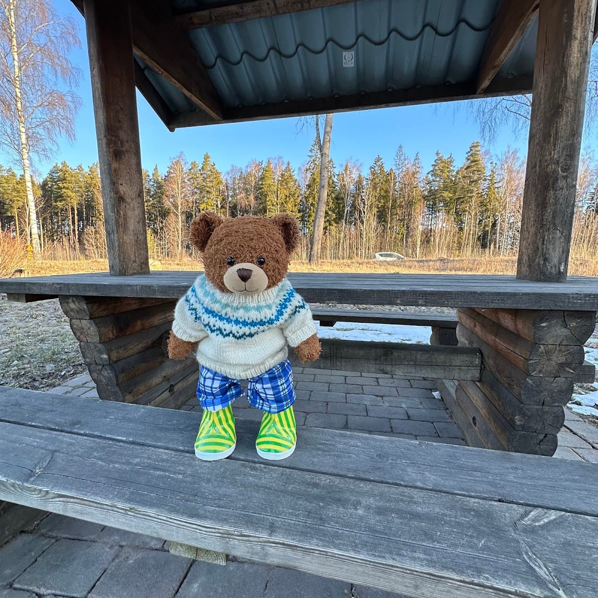 Vy över Råby rastplats vid E18 öster om Västerås, omgiven av träd och öppna fält.