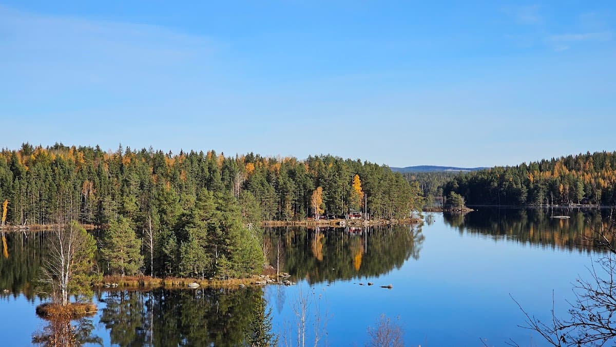 Rastplatsen Rastahyttan S längs riksväg 26 i Bergslagen omgiven av svensk skogsnatur.
