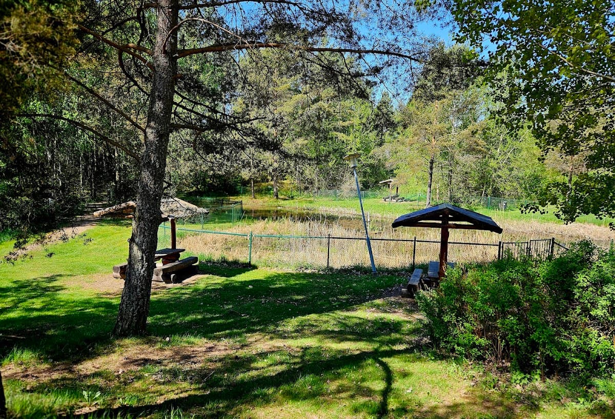 Rastplats Stolpen längs E4 norr om Gränna med öppna ytor och servicehus i småländsk natur.
