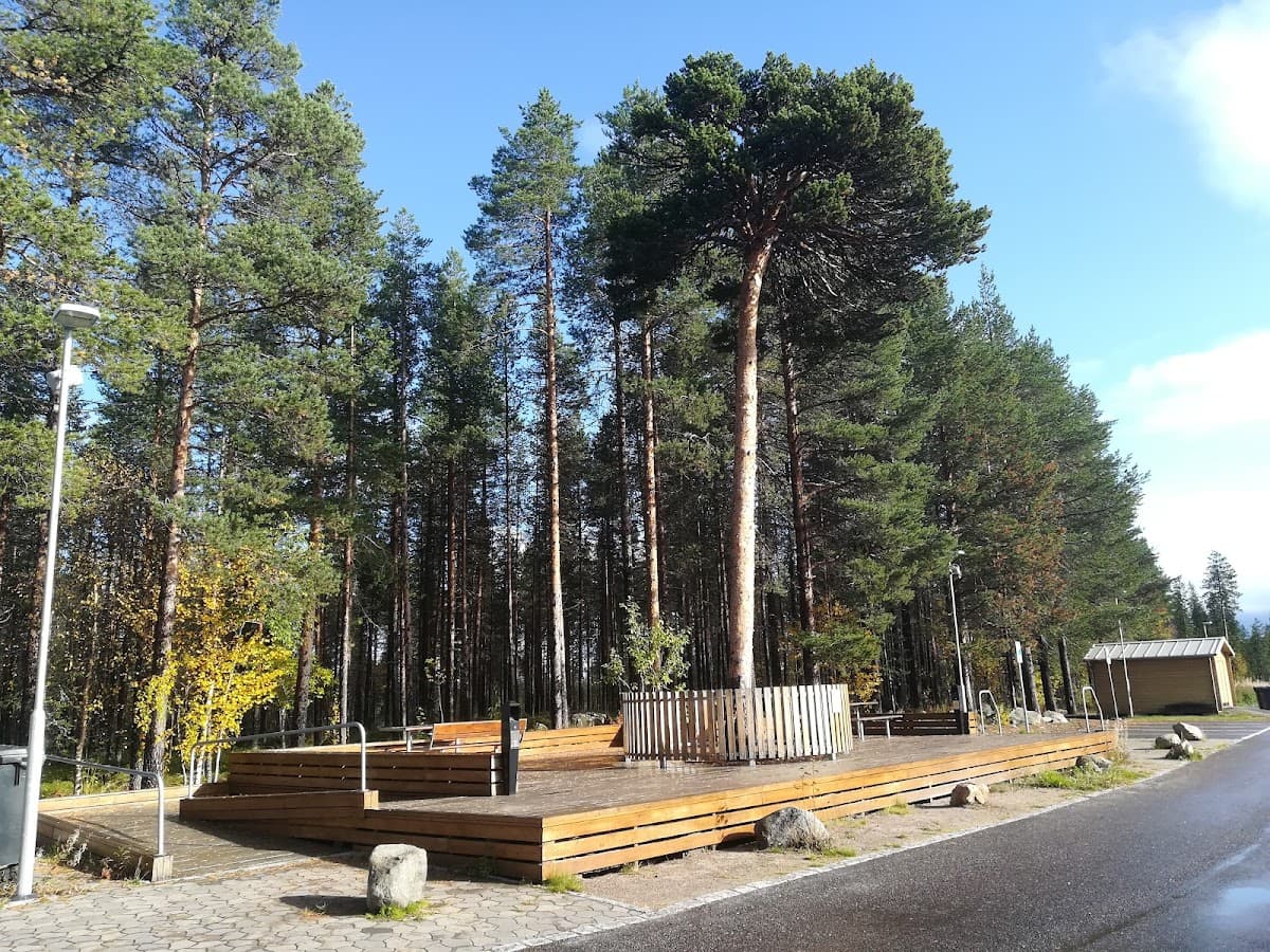 Rastplats Suptallen längs E4 i Västernorrland med tallskog och modern toalettanläggning.