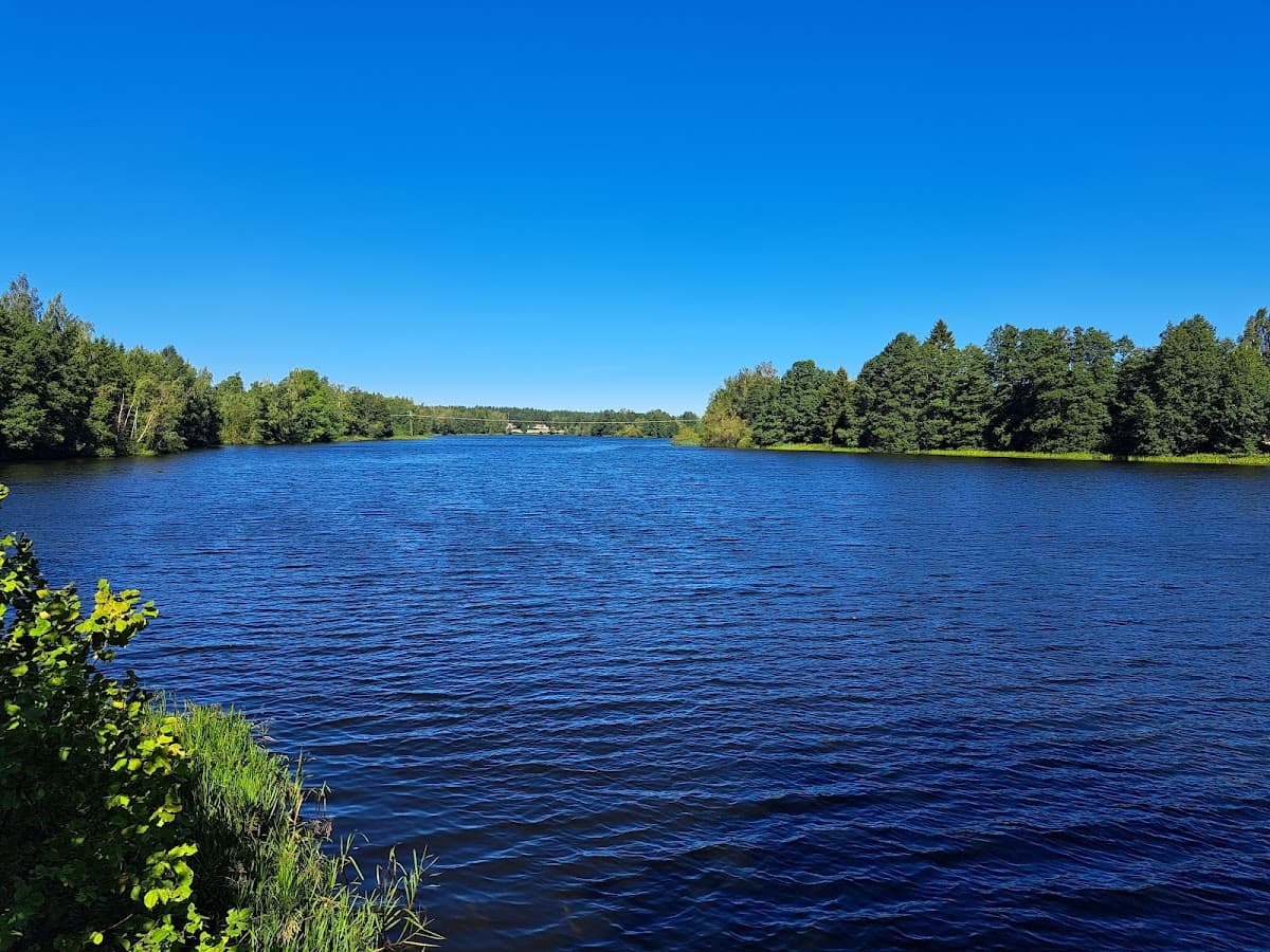 Rastplats Svartån vid E4 i Östergötland med parkeringsytor och omgivande grönska vid ån.