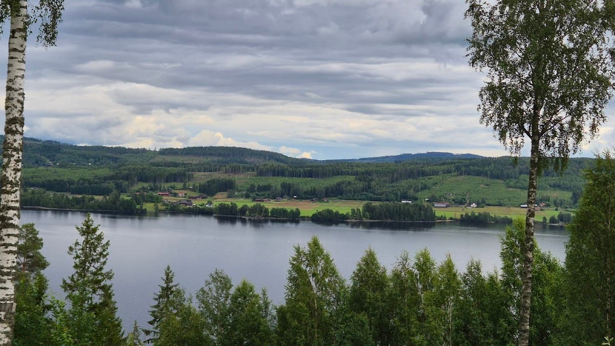 Panoramavy från Tossebergsklätten rastplats över sjön Fryken och det värmländska skogslandskapet.